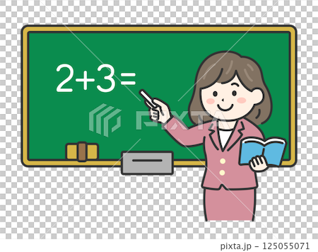 黒板で算数を教える、女性教師（線画カラー）のイラスト 125055071