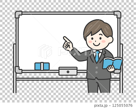 Illustration of a male teacher (line drawing color) teaching using a whiteboard 125055076