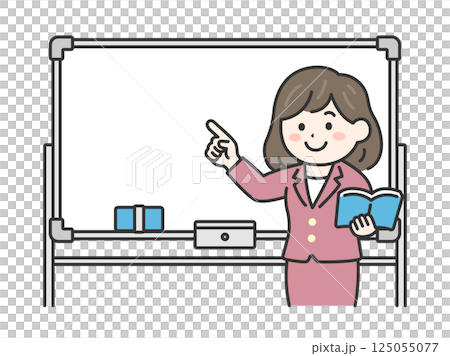 Illustration of a female teacher (line drawing color) teaching using a whiteboard Illustration of a female teacher (line drawing color) teaching using a whiteboard 125055077