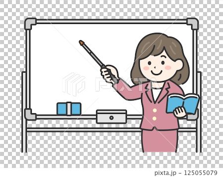 Illustration of a female teacher (line drawing color) teaching a lesson using a pointer on a whiteboard Illustration of a female teacher (line drawing color) teaching a lesson using a pointer on a whiteboard 125055079