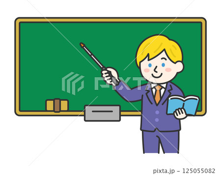 黒板で、指し棒を使って授業する、白人の男性教師（線画カラー）のイラスト 125055082