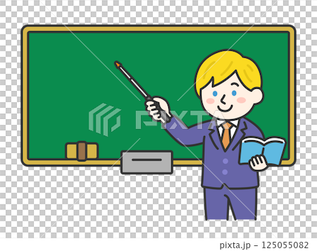 黒板で、指し棒を使って授業する、白人の男性教師（線画カラー）のイラスト 125055082