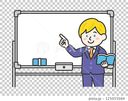 Illustration of a Caucasian male teacher (line drawing color) teaching using a whiteboard Illustration of a Caucasian male teacher (line drawing color) teaching using a whiteboard 125055084