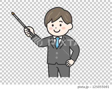 一位穿著西裝的男士用指針解釋某事的插圖（彩色線條畫） 125055091