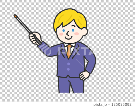 一位身穿西裝的白人男子用指針解釋某件事的插圖（線畫，彩色） 125055092