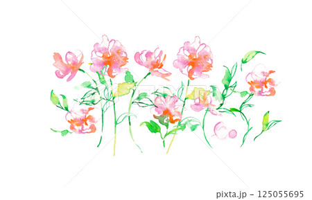 水彩画。水彩タッチのベクターピンクの花イラスト。草木のベクターイラスト。花の切り取りセット。 125055695