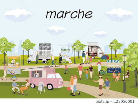 夏に人々が賑わうマルシェのイラスト 夏に人々が賑わうマルシェのイラスト 125056001