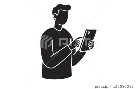 スマートフォンを操作する男性の線画イラスト スマートフォンを操作する男性の線画イラスト 125056018