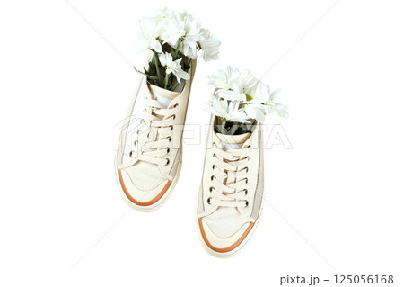 Summer shoes, Fresh flowers arranged inside trendy sneakers create a captivating and innovative decor idea, isolated on white, PNG Summer shoes, Fresh flowers arranged inside trendy sneakers create a captivating and innovative decor idea, isolated on white, PNG 125056168