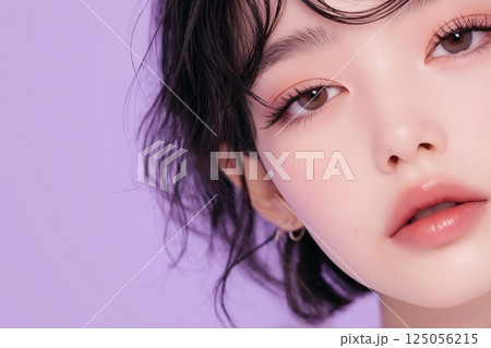 美しい肌の女性・パープル背景「AI生成画像」 125056215