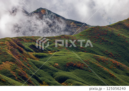 飯豊連峰・縦走路から見る雲湧く大日岳への稜線 125056240