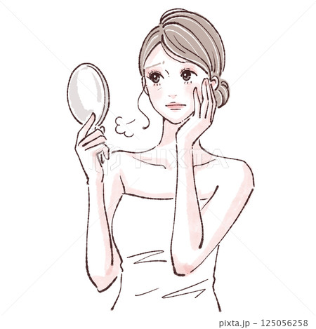 鏡を見る女性/お肌の調子/女性・女の子のイラスト素材 125056258