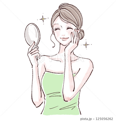 鏡を見る女性/お肌の調子/女性・女の子のイラスト素材 125056262