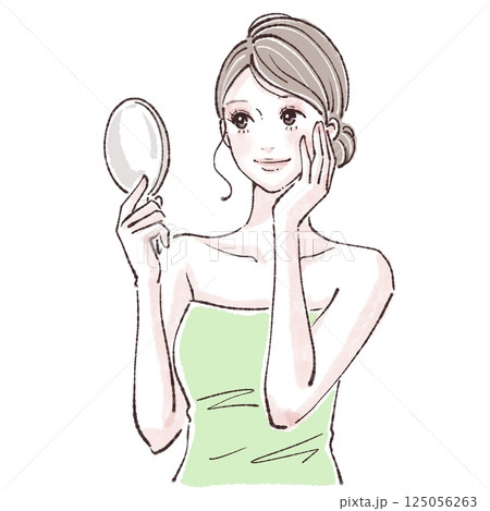 鏡を見る女性/お肌の調子/女性・女の子のイラスト素材 125056263