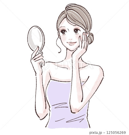 鏡を見る女性/お肌の調子/女性・女の子のイラスト素材 125056269
