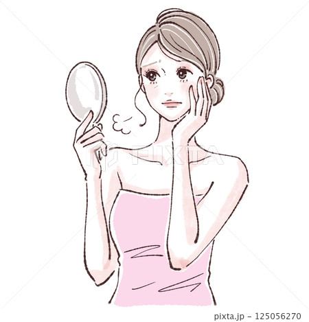 鏡を見る女性/お肌の調子/女性・女の子のイラスト素材 125056270