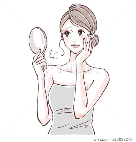 鏡を見る女性/お肌の調子/女性・女の子のイラスト素材 125056276