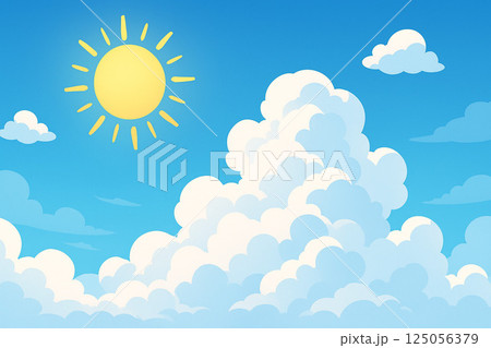 まぶしい太陽と白い入道雲が広がる青空 125056379