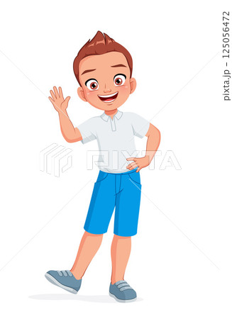 Happy little boy waving his hand. Cartoon vector illustration. 125056472