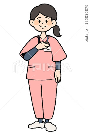 手描き風　スクラブを着た女性医師 胸に手を当てる 125056879