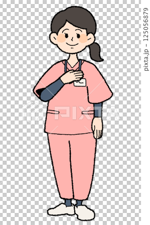 手描き風　スクラブを着た女性医師 胸に手を当てる 125056879