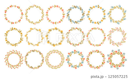 Spring flower circle frame big set. Floral circle frame. Hand drawn botanical round border, laurel, wreath with branches, leaves and flowers illustration for wedding invitation, card, logo 125057225