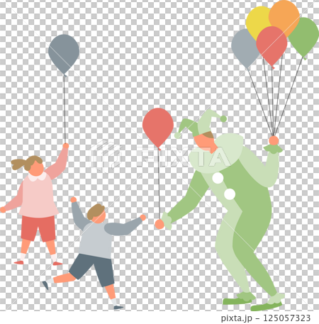 ピエロに扮して風船を配る人と子供たち 125057323