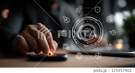person interacts with futuristic digital interface displaying algorithmic icons 125057402