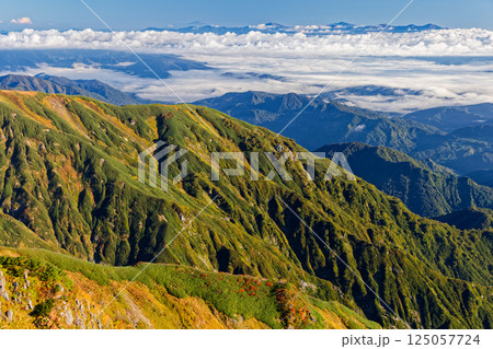飯豊連峰・北股岳から見る秋色の梶川尾根と雲上の朝日連峰 飯豊連峰・北股岳から見る秋色の梶川尾根と雲上の朝日連峰 125057724