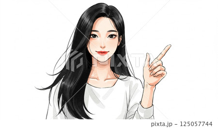 指差ししている若い女性のイラスト・水彩画風のAI生成画像 125057744