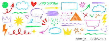Kid color pencil hand drawn line element set. Chalk pencil hand drawn doodle sketch texture color kid crayon arrow, heart, cloud shape set. Texture chalk, crayon pencil style. Vector 125057994