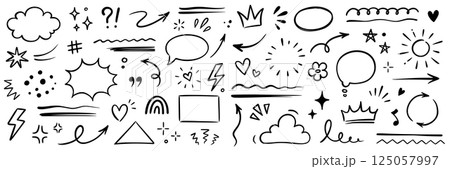 Line hand drawn brush marker arrow, heart, crown element set. Hand drawn sketch marker underline shape, arrow, star scribble brush pen stroke element. Crown, love graphic icon. Vector 125057997