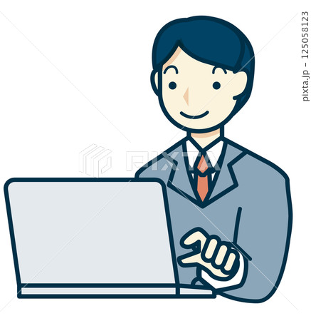 グレーのスーツを着た男性がPCで作業するイラスト 125058123