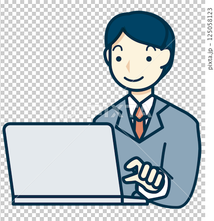 グレーのスーツを着た男性がPCで作業するイラスト 125058123