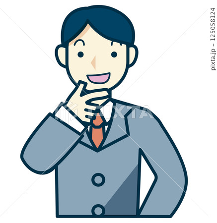 グレーのスーツを着た男性が手を顔に当て笑うイラスト 125058124