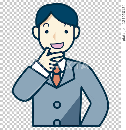 グレーのスーツを着た男性が手を顔に当て笑うイラスト 125058124