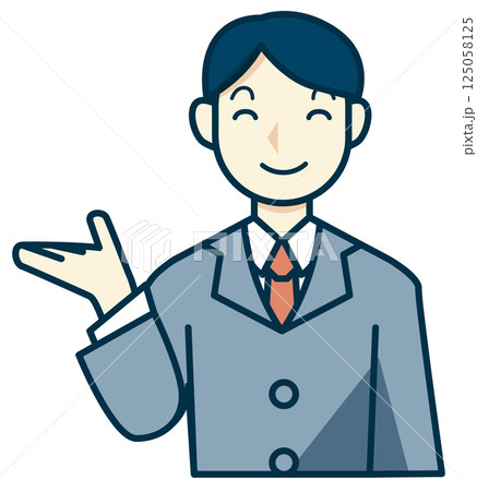 グレーのスーツを着た男性が手を外に向けたイラスト 125058125