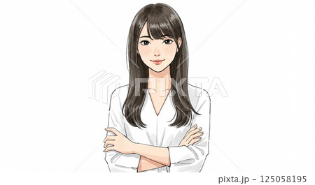 腕を軽く組んでいる若い女性のイラスト・水彩画風のAI生成画像 125058195