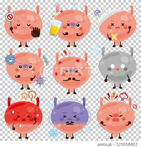様々な状態の膀胱のキャラクター	 125058422