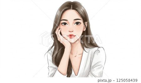 頬杖をついている笑顔の若い女性のイラスト 水彩画風AI生成画像 頬杖をついている笑顔の若い女性のイラスト 水彩画風AI生成画像 125058439