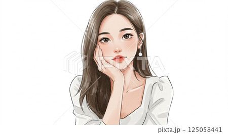頬杖をついている笑顔の若い女性のイラスト　水彩画風AI生成画像 125058441