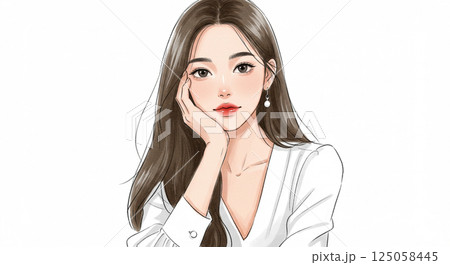 頬杖をついている笑顔の若い女性のイラスト 水彩画風AI生成画像 頬杖をついている笑顔の若い女性のイラスト 水彩画風AI生成画像 125058445