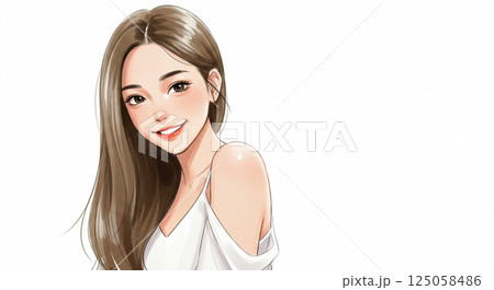 肩をすぼませている笑顔の若い女性のイラスト　水彩画風AI生成画像 125058486