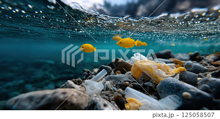 Underwater scene with yellow fish and plastic pollution rocky seabed, highlighting environmental 125058507