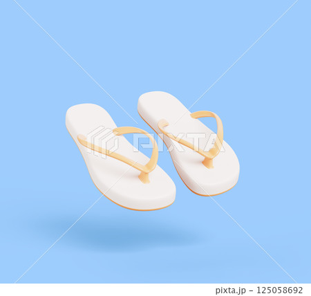 3d white summer slippers for beach or pool isolated on blue background. Realistic flip flop, plastic sandals, rubber shoes for tropical vacation, hotel spa or home Cartoon render icon. 3D illustration 125058692
