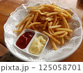 French fries with ketchup and mayonnaise 125058701