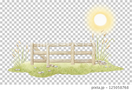 Wooden farm fence on grass ground with sun watercolor illustration isolated on white background. Rustic countryside sunrise landscape clipart. Outdoor wooden village decor 125058768