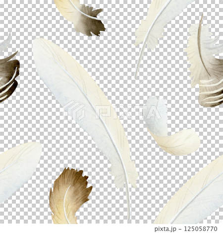 Watercolor feathers seamless pattern with white and brown goose chicken down. Simple hand drawn bird background for monochrome farm and Easter designs Watercolor feathers seamless pattern with white and brown goose chicken down. Simple hand drawn bird background for monochrome farm and Easter designs 125058770