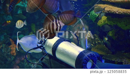 Toronto, Canada - May 6, 2023: Underwater scene bursts with diver exploring vibrant coral reef, coral coral hues radiate across frame, dynamic marine setting inspires creative vision. Toronto, Canada - May 6, 2023: Underwater scene bursts with diver exploring vibrant coral reef, coral coral hues radiate across frame, dynamic marine setting inspires creative vision. 125058835