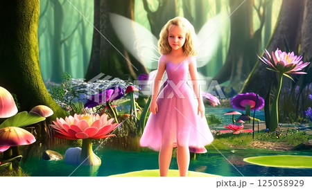 Fairy gliding softly through blooming wildflowers, casting mystical spell within verdant forest, radiating ethereal elegance and woodland wonder 125058929